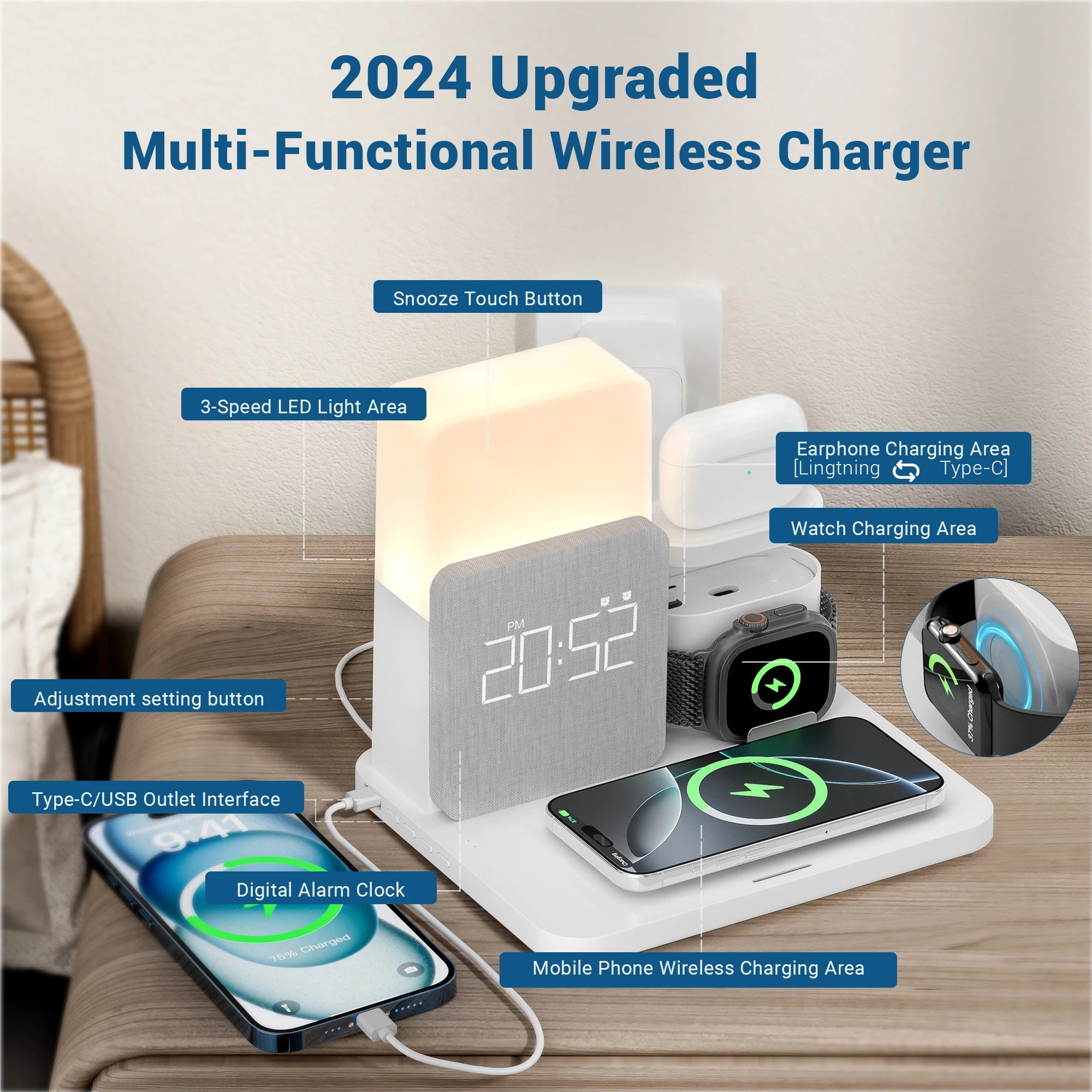 3-in-1 SmartGlow Wake & Charge Hub